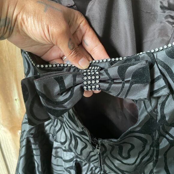 Vintage 80s AJ BARI Strapless Dress PEPLUM Velvet Flocked Taffeta Rhinestones S - Picture 2 of 10